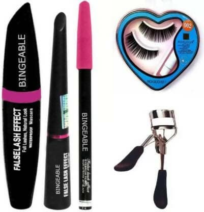 Bingeable 3In1 Waterproof Eyeliner, Liquid mascara With Waterproof Black Kajal& Heart Shape False-Fake Eyelashes& Curler - HalfPe