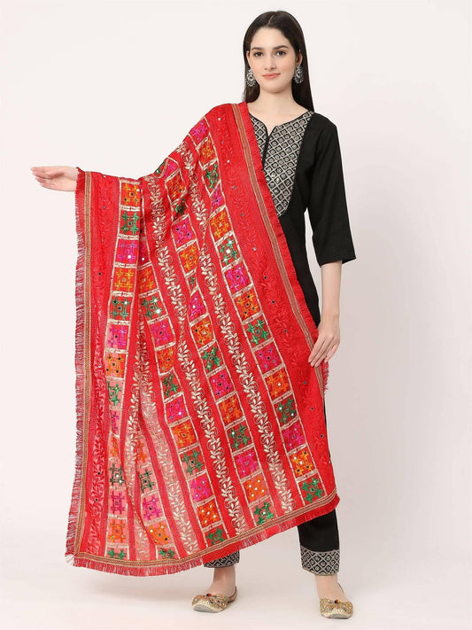 Red Multicolour Embroidery Mirror Work Phulkari Dupatta - HalfPe