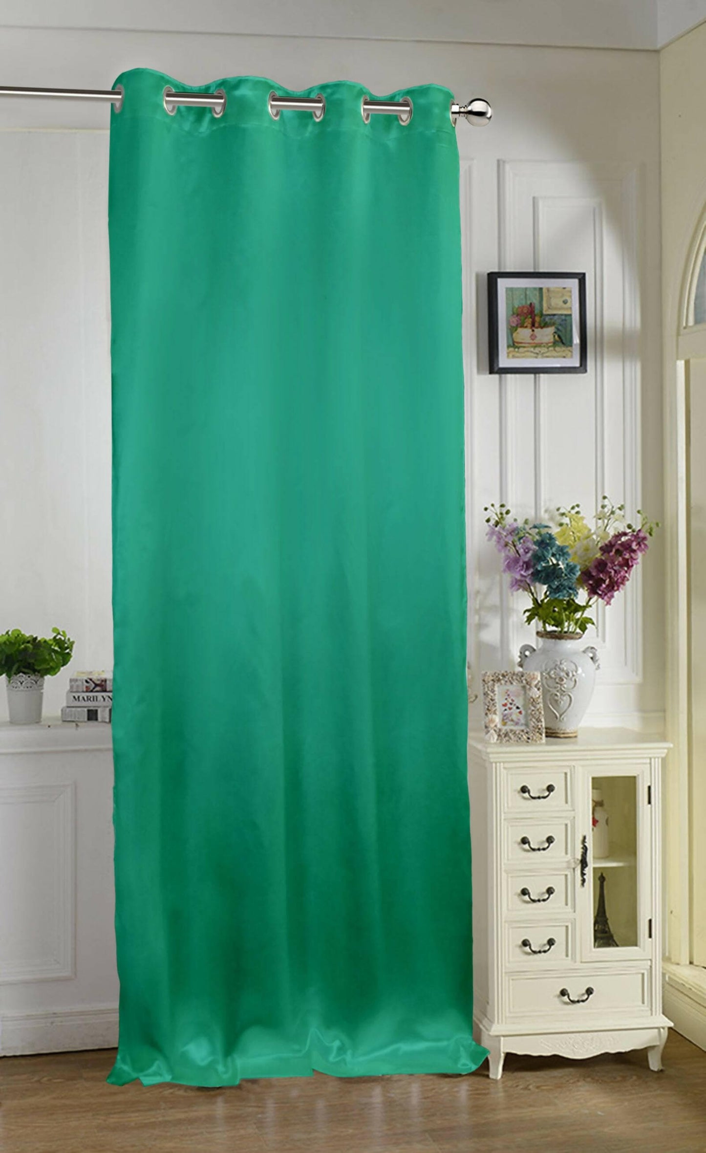 Lushomes Satin Curtains, Green Satin door curtain, Plain Door Curtain, curtains 9 feet long 8 Metal SS Eyelets, 4.5 FT x 9 FT (54 x 108 inches) - HalfPe