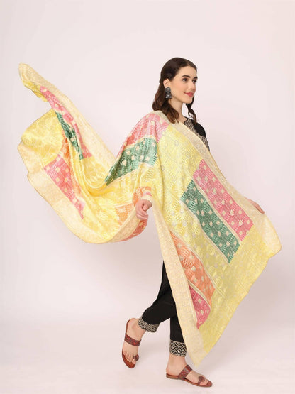 Lemon Pastel Colours Embroidery Phulkari Dupatta - HalfPe