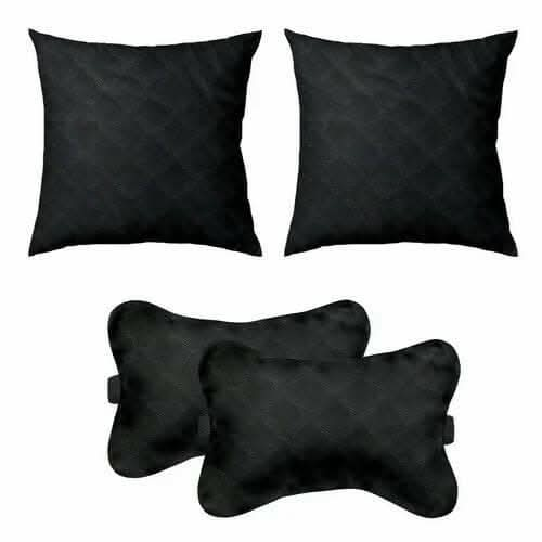 Lushomes Car Cushion Pillows for Neck, Back and Seat Rest, Pack of 4, Embossed Leatherlike Fabric 100% Polyester Material, 2 PCs Bone Neck Rest: 6x10 Inches, 2 Pcs of Car Cushion: 12x12 Inches, Black - HalfPe