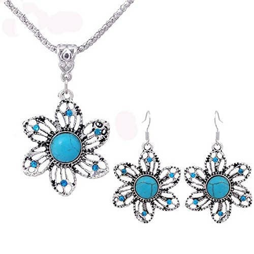 SENECIO Turquoise Collection Silver Plated Floral Necklace with Earrings - HalfPe