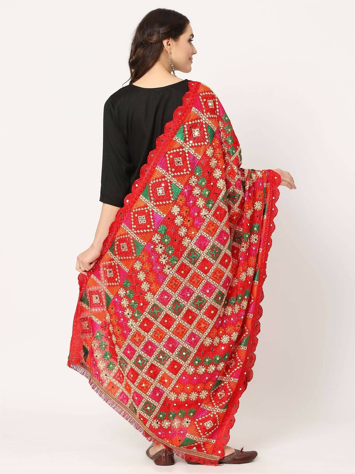 Red Check Design Mullticolour Embroidery Phulkari Dupatta with Beads - HalfPe