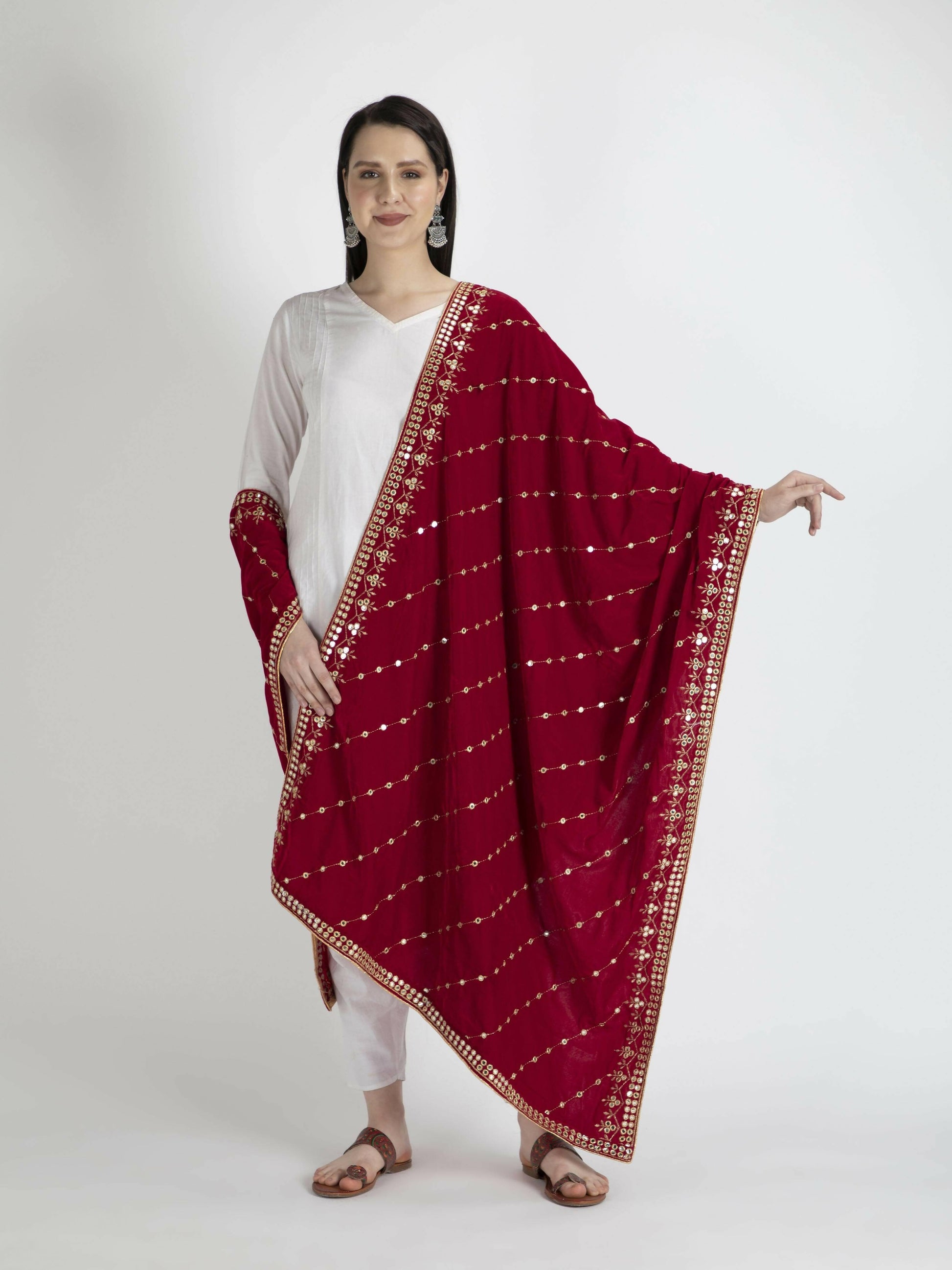 Red Embroidered Velvet Shawl Dupatta - HalfPe