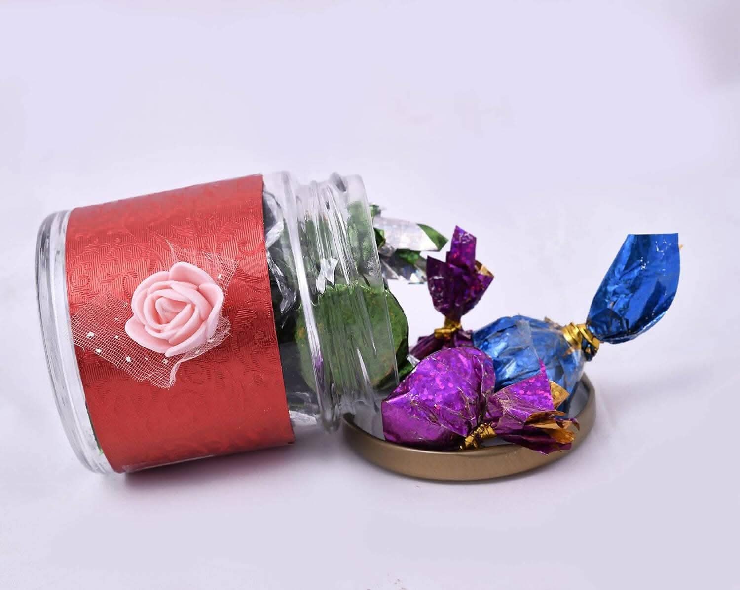 MANTOUSS Valentines Day Gift for Girlfriend/boy Friend/Valentines Day Gift Hamper-Decorated Basket+Jar of Chocolate+Fur Heart+2 Shot Glasses+Scented Candle+Valentines Day Card+Love Message Bottle - HalfPe