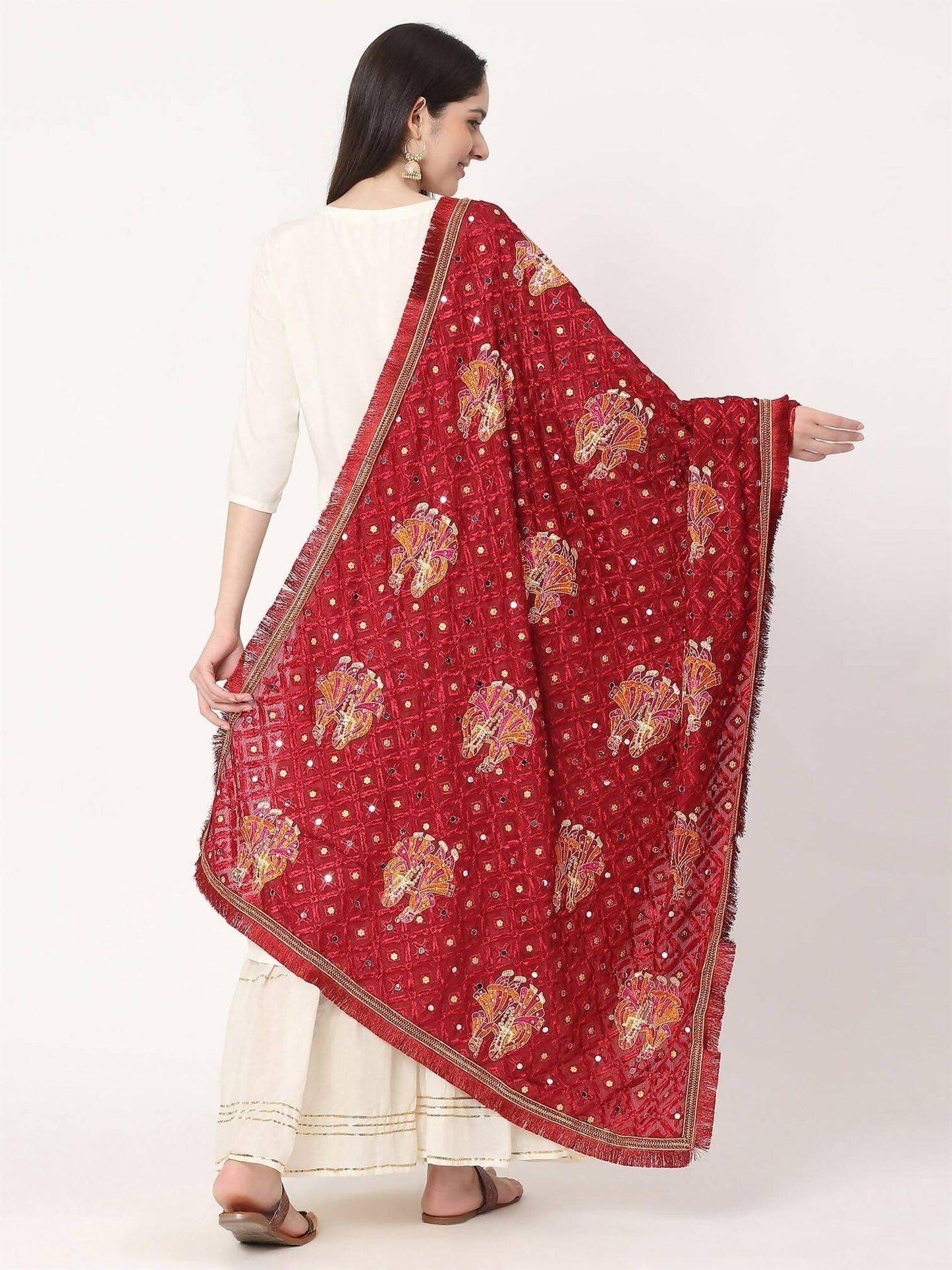 Doli Design Maroon Multicolour Embroidery Phulkari With Beads - HalfPe