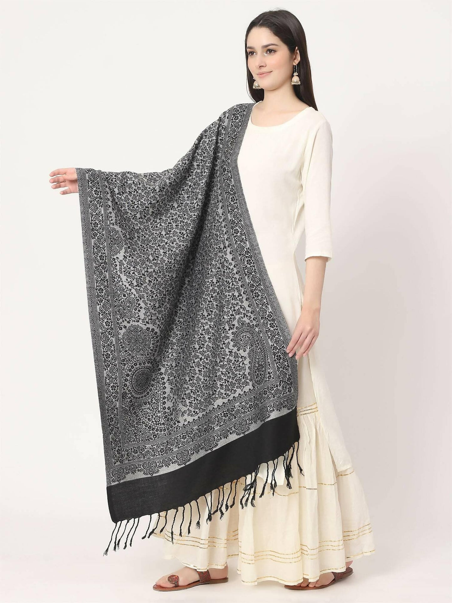 Black Paisley Pattern Viscose Stole for women - HalfPe