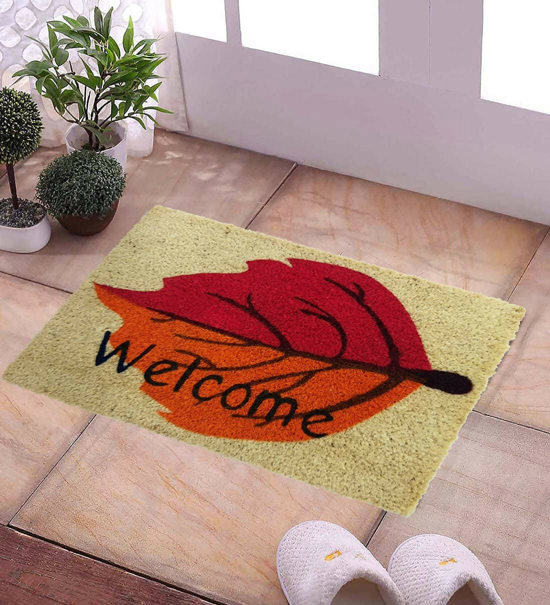 Mats Avenue Coir Door Mats with Rubber Backing Multicolor (40x60 cm ) Flower and Leaf Welcome (Set of 2) - HalfPe