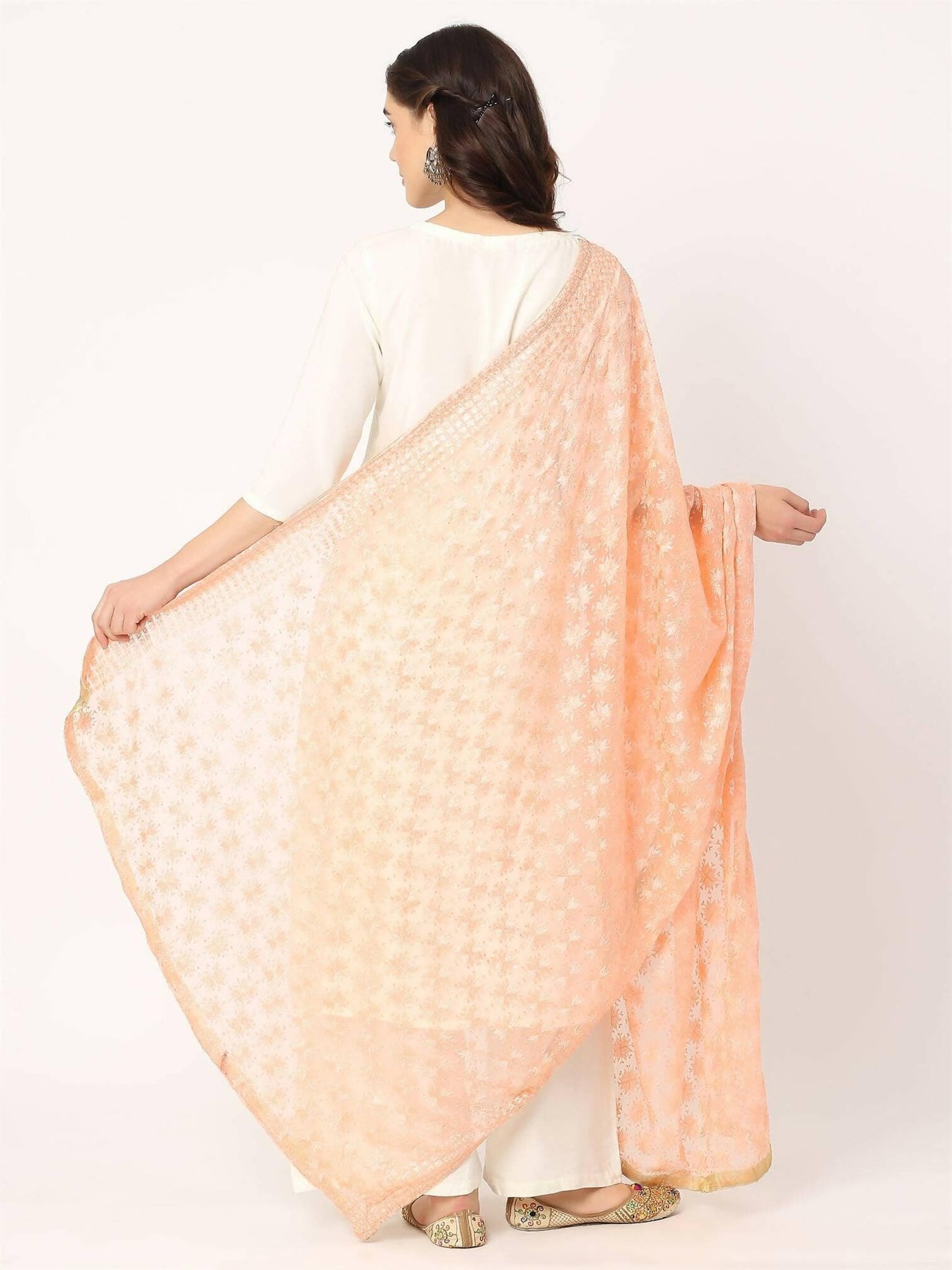 Peach Sequined Phulkari Embroidery Dupatta - HalfPe