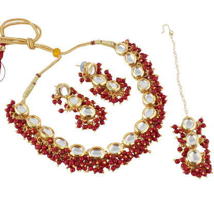 LUCKY JEWELLERY Back Meenakari 18k Gold Plated Maroon Color Tika Earring Combo Uncut Big Faux Kundan Choker Necklace set with large stones - HalfPe