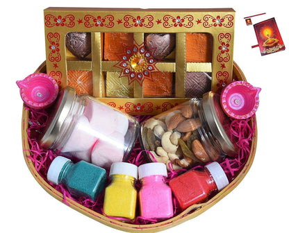 MANTOUSS Diwali Gift Pack/Chocolate Sweets Gift Box for Diwali-Basket+8pcs Box+Mix Dry Fruits in a Glass jar+Marshmallow in a Glass jar++2 Cute Diya+4 Rangoli Colours+Diwali Greeting Card - HalfPe