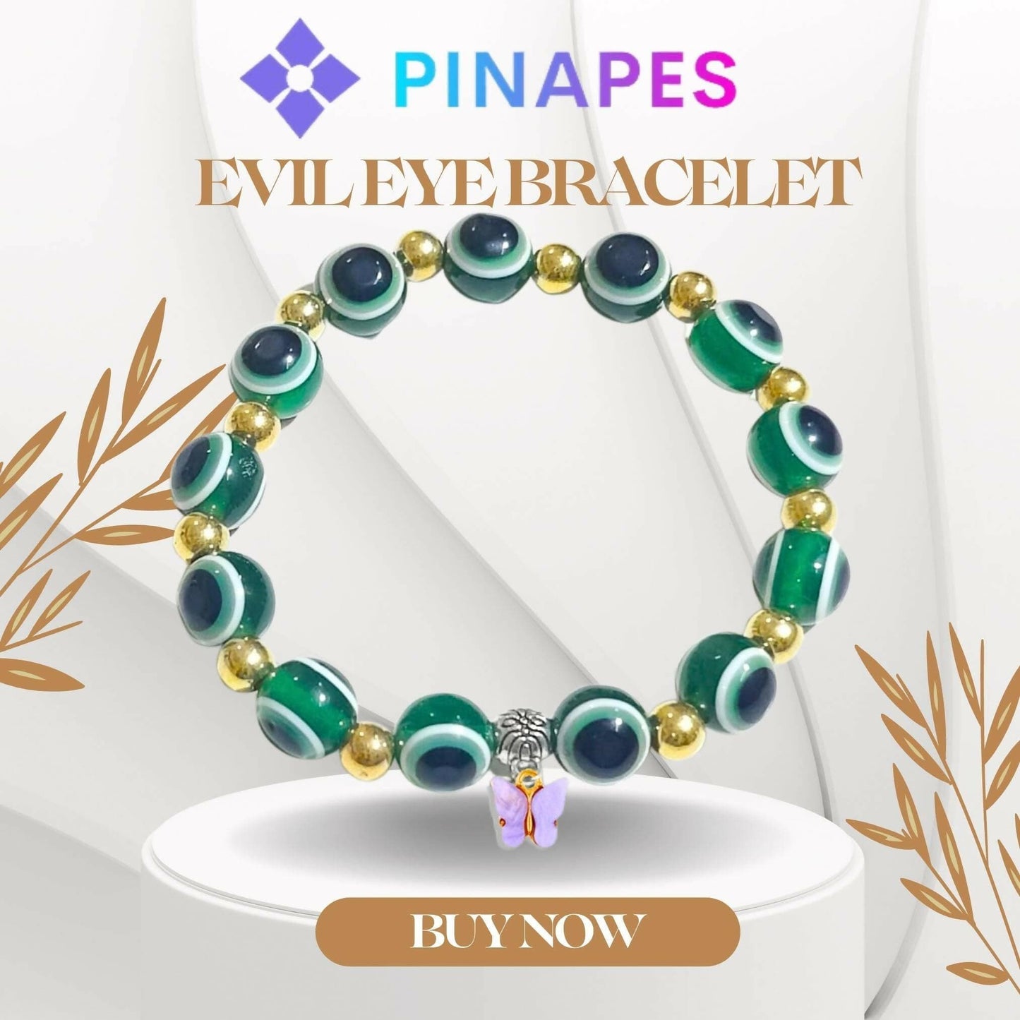 Pinapes Butterfly Beads and Evil Eye Charm Bracelet A Must-Have for Fashionable and Superstitious Women with violet butterfly (dark green) - HalfPe