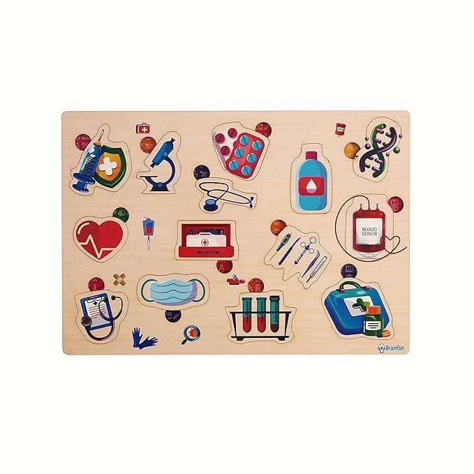 ZUDO Wooden Montessori Educational Pre-School Puzzle Board Toy for Boys and Girls (Wooden Medical Equipment) - HalfPe