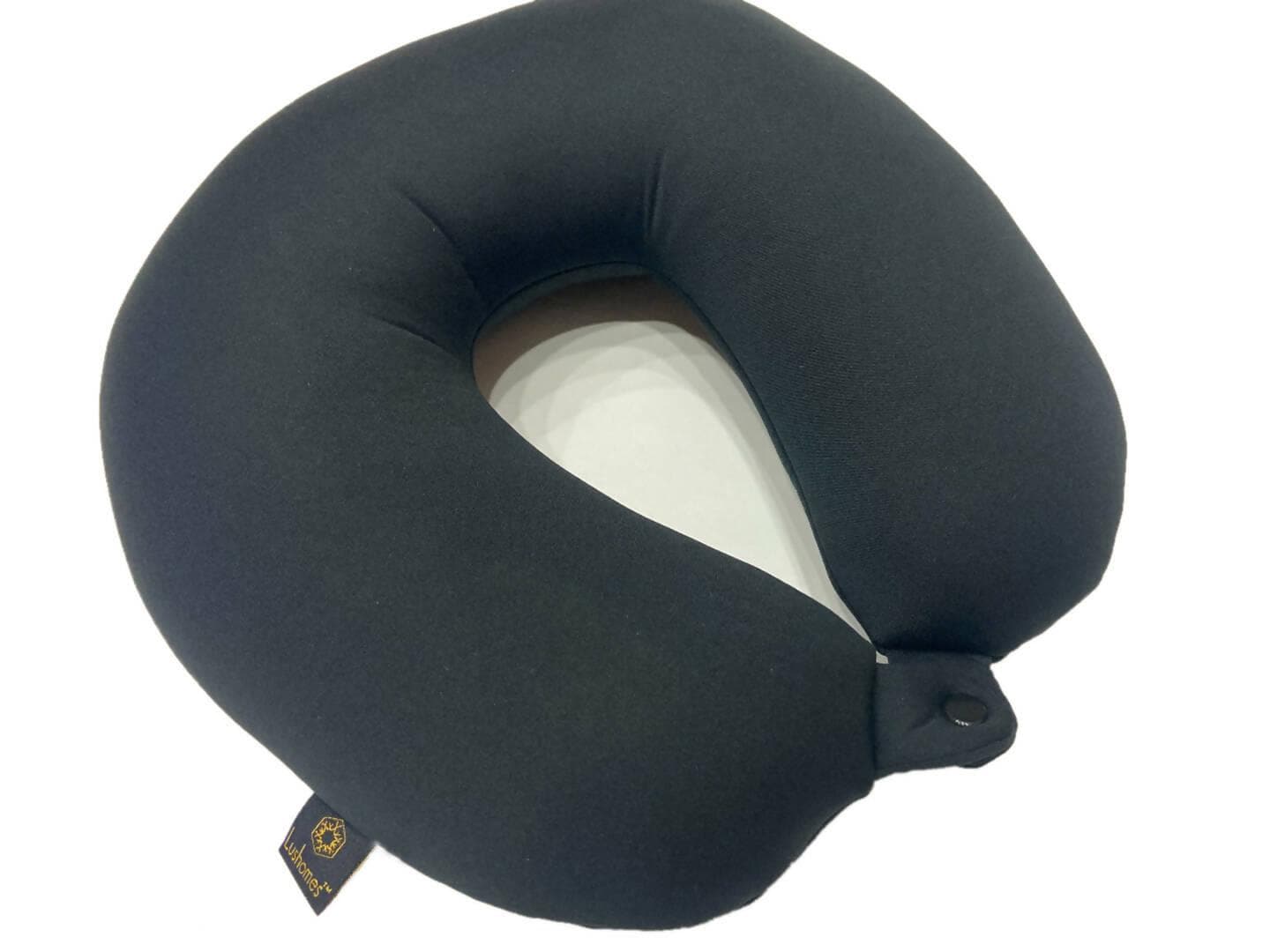 Lushomes Wonder Foam Black Travel Neck Pillow with Snap Button - 30 cm x 35 cm, neck pillow for travel, travel pillow, travel pillow for flights, for neck pain sleeping, train (Single Pc) - HalfPe