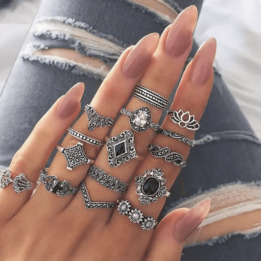 Pinapes Fashion Non Precious Base Metal Boho Midi Finger Ring for Girls – Set of 15 - HalfPe