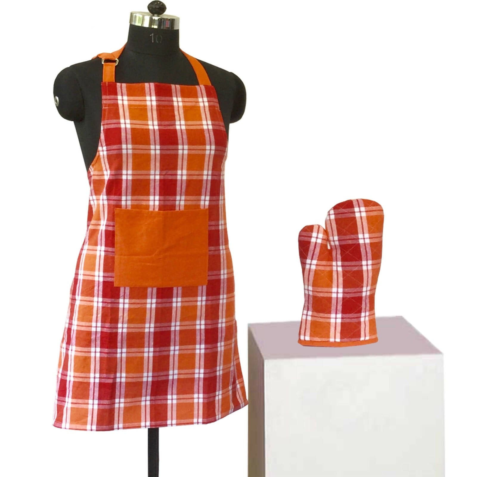 Lushomes Checks red and Orange Kitchen Cooking Apron Set for Women, apron for kitchen, kitchen apron for women, (2 Pc Set, Oven Glove 17 x 32 cm, Apron 60 x 80 cms) - HalfPe