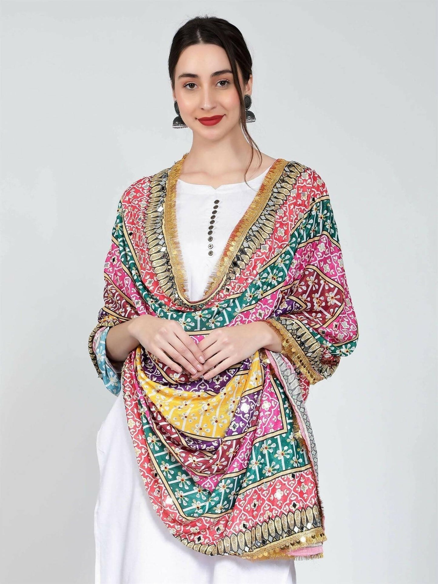 Chiffon Digital Print Pakistani Dupatta with Mirror Work(pink border) - HalfPe