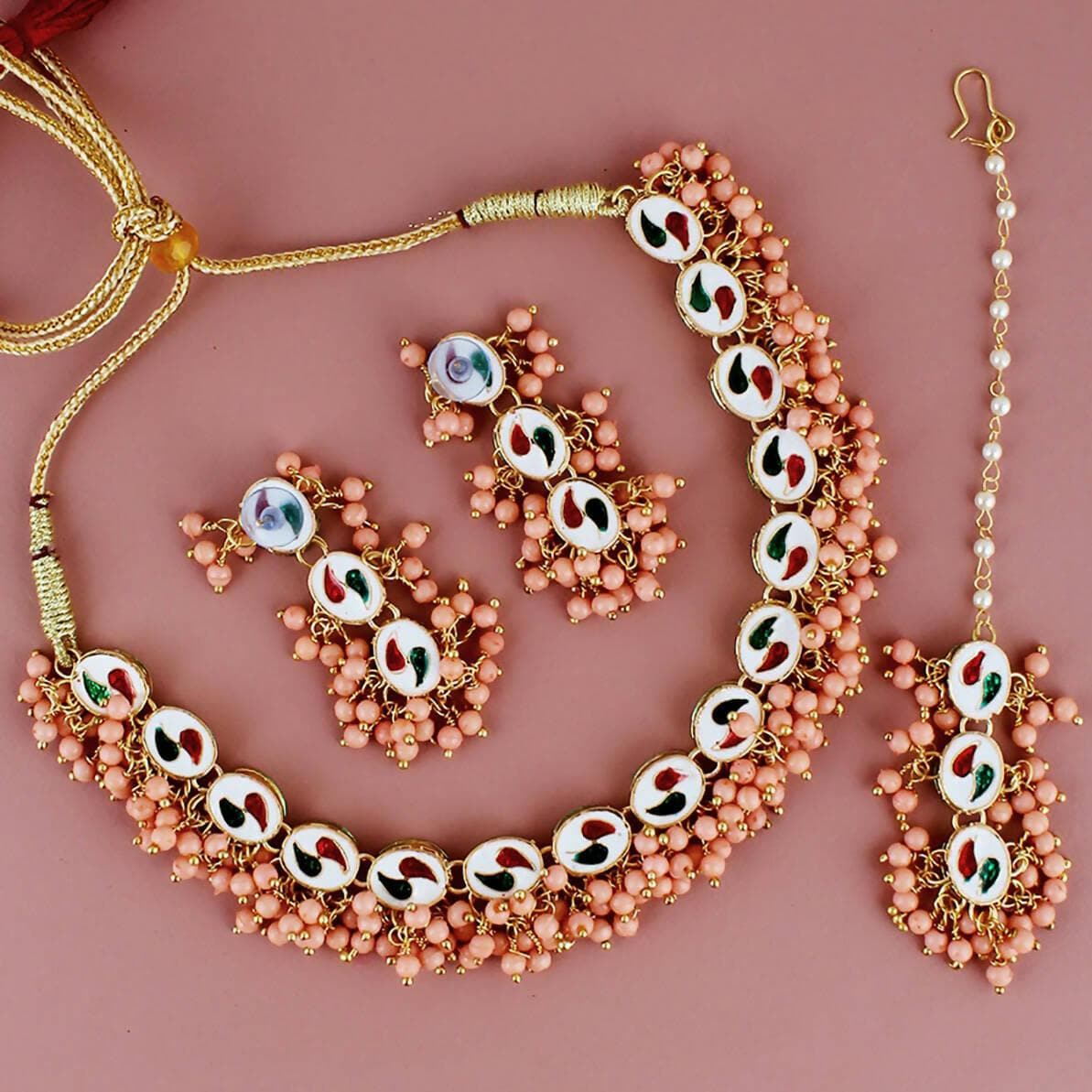 LUCKY JEWELLERY Back Meenakari 18k Gold Plated Peach Color Tika Earring Combo Uncut Big Faux Kundan Choker Necklace set - HalfPe