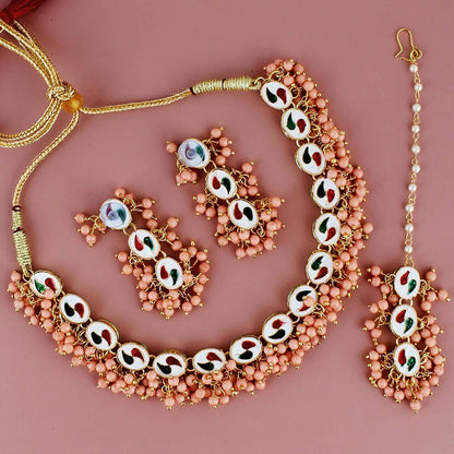 LUCKY JEWELLERY Back Meenakari 18k Gold Plated Peach Color Tika Earring Combo Uncut Big Faux Kundan Choker Necklace set - HalfPe