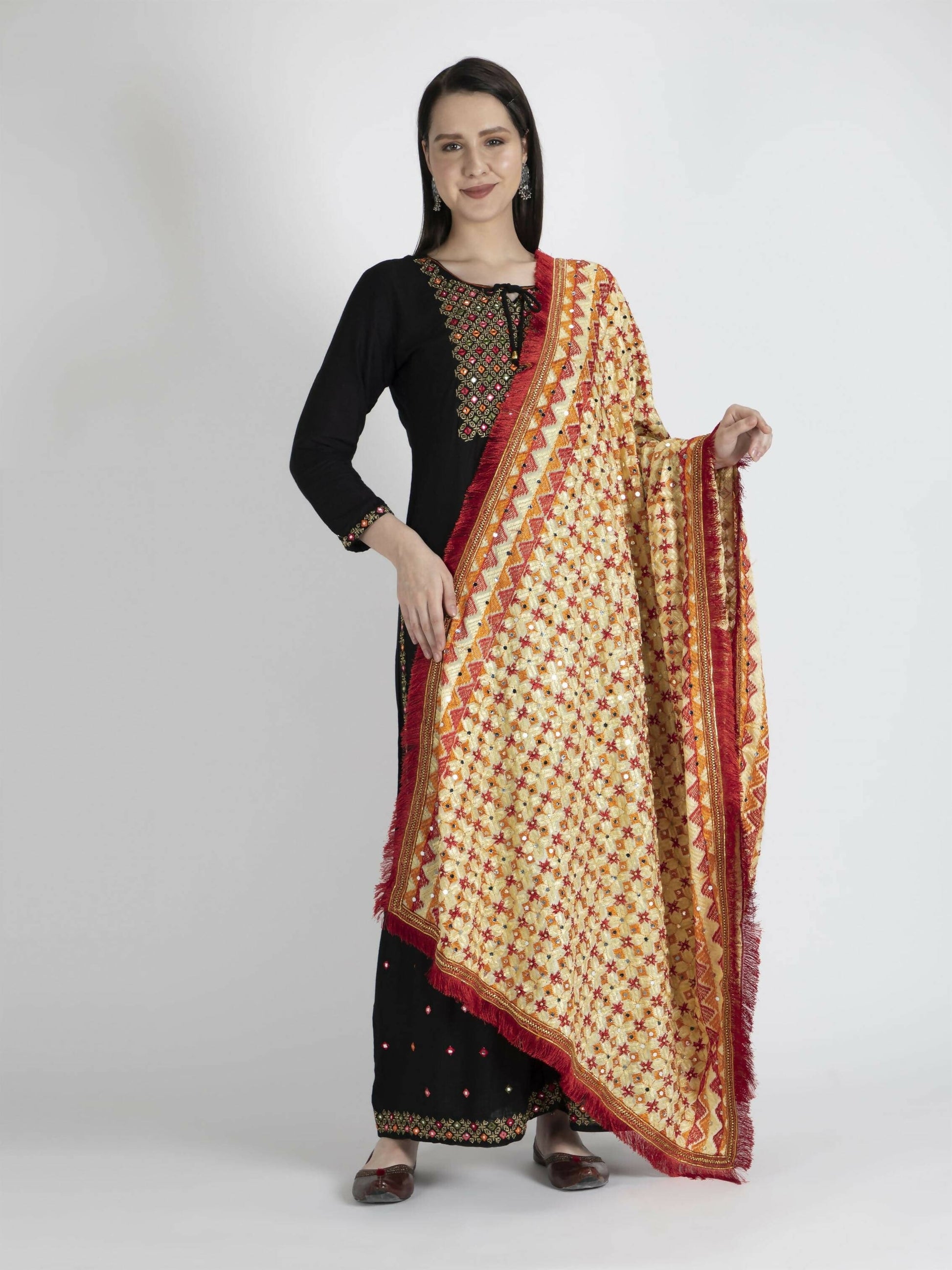 Phulkari Dupatta with Mirror Work (Beige Red) - HalfPe