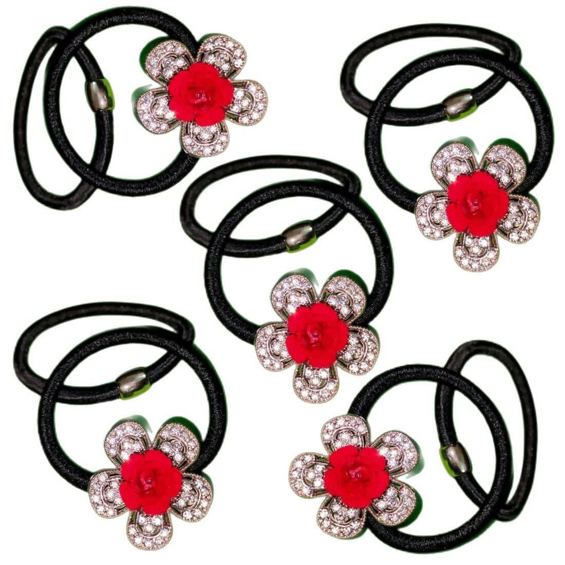 SENECIO 10 Pcs Super Lovely Red Rose Beaded Black Rubber Band Ponytail Holder Hair Scrunchies Hair Tie - HalfPe