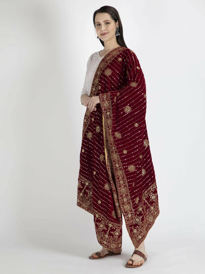 Embroidered Velvet Shawl Dupatta (Maroon) - HalfPe