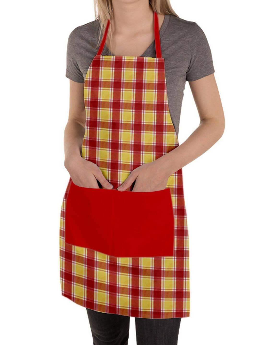 Lushomes Checks red and yellow Kitchen Cooking Apron Set for Women, apron for men, cooking aprons for women, kitchen apron for men, aprons, aprin (2 Pc Set, Kitchen T 40 x 60 cm, Apron 60 x 80 cms) - HalfPe