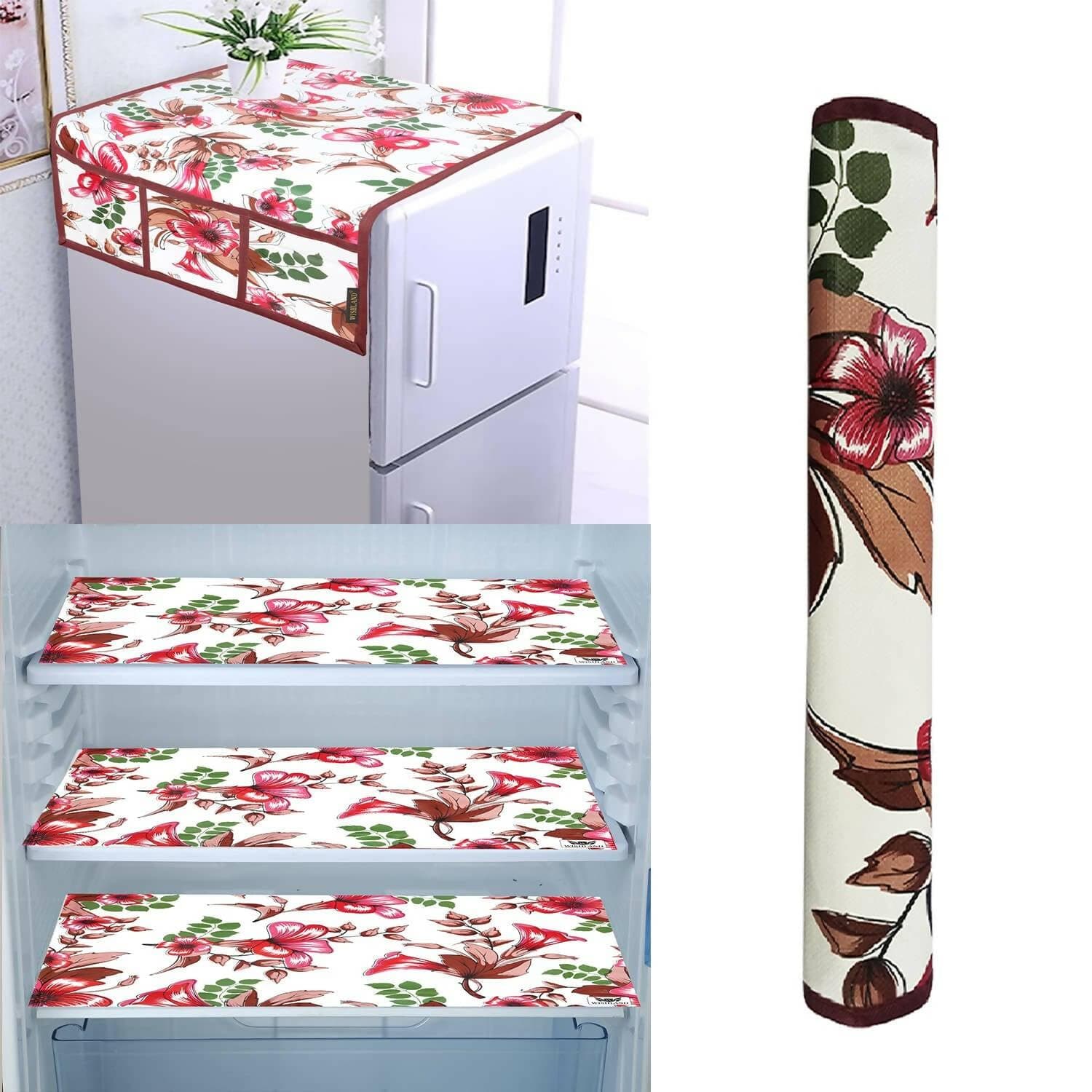 WISHLAND Single Door Fridge Cover Combo Set of 1 Fridge Cover + 1 Fridge Handle Cover + 3 Multipurpose Fridge Mats (Red) - HalfPe