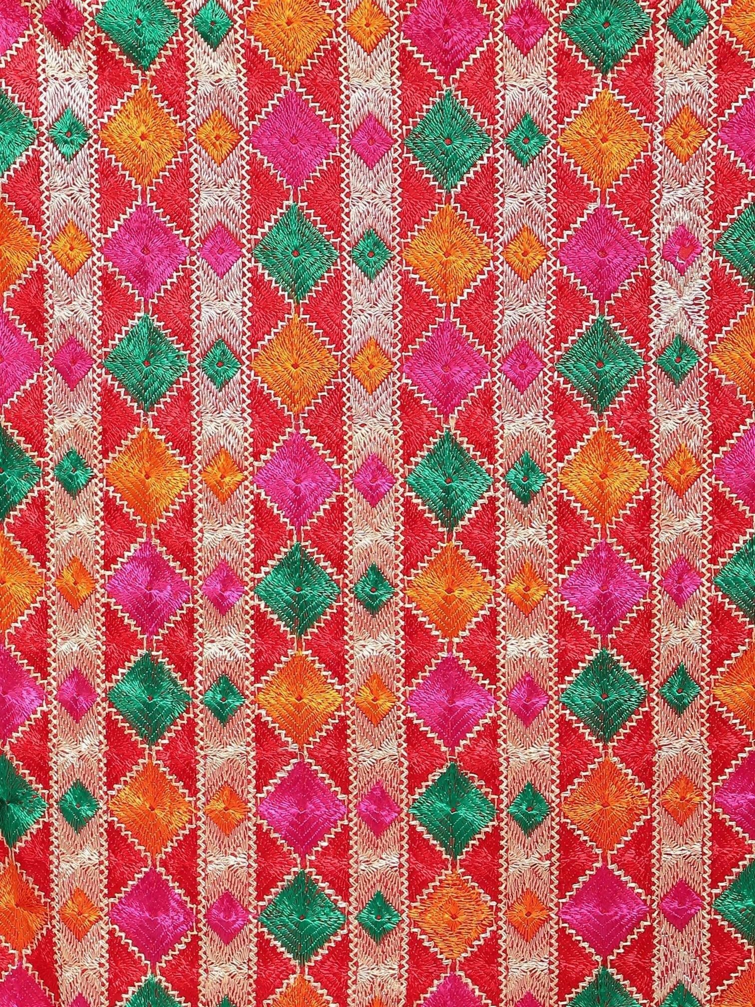 Red Phulkari dupatta (Multi-color designs) - HalfPe