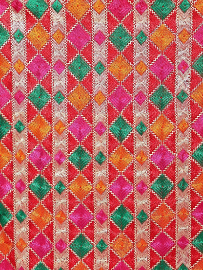 Red Phulkari dupatta (Multi-color designs) - HalfPe