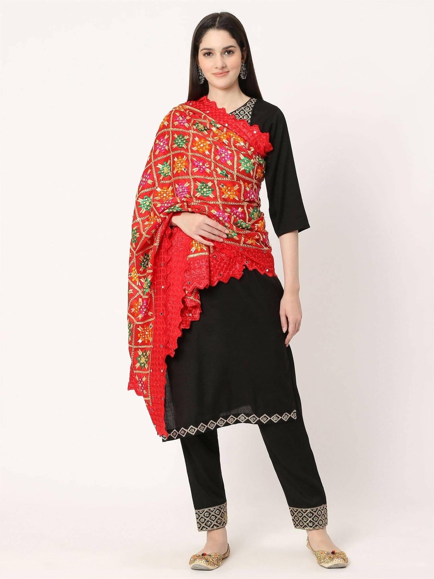 Red Multicolour Embroidery Phulkari Dupatta with Golden Beads - HalfPe