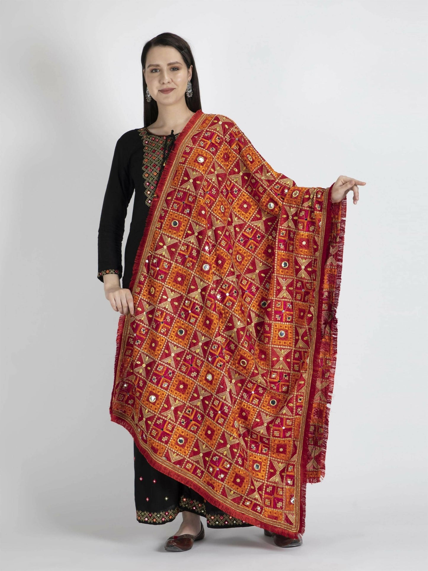 Phulkari Dupatta with Mirror Work ( Orange and Red ) - HalfPe