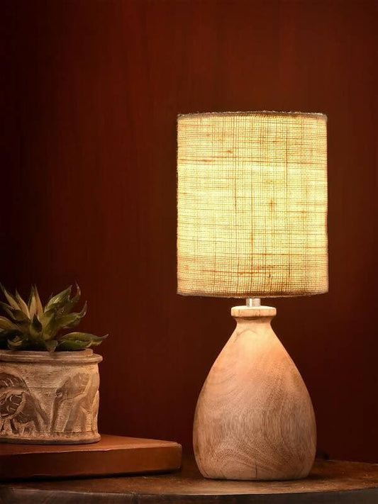 Wooden Dome Table Lamp With Jute White Shade - HalfPe