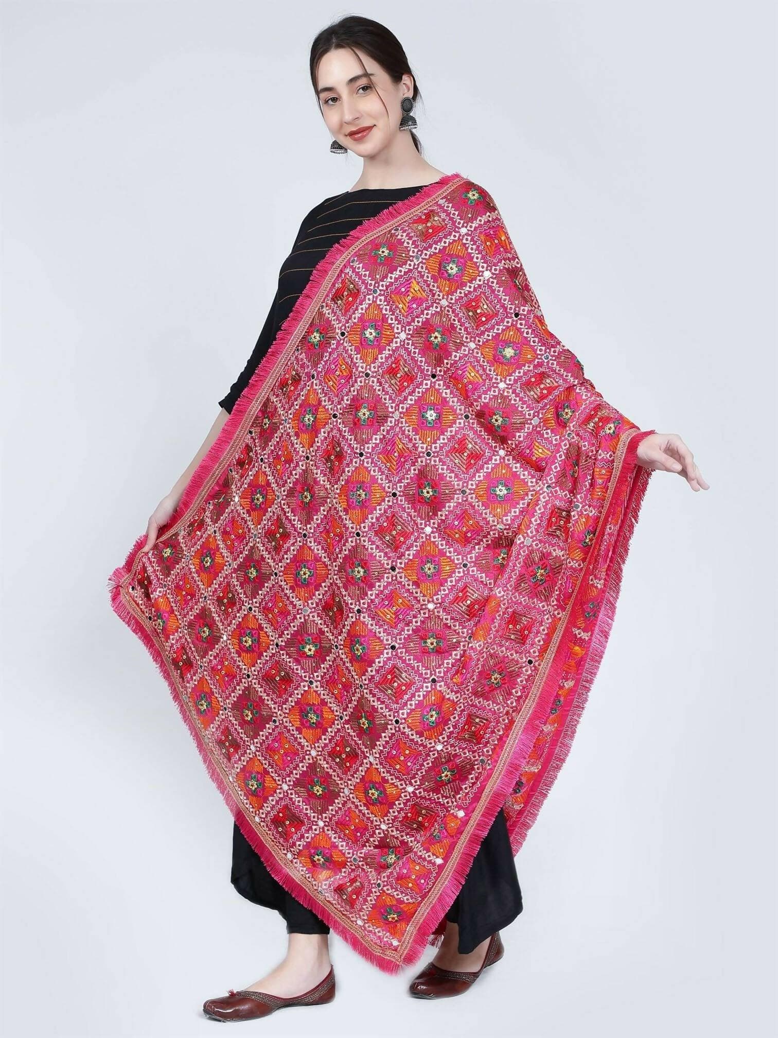 Phulkari Dupatta - Magenta Green Orange with mirror work (multi-color design) - HalfPe