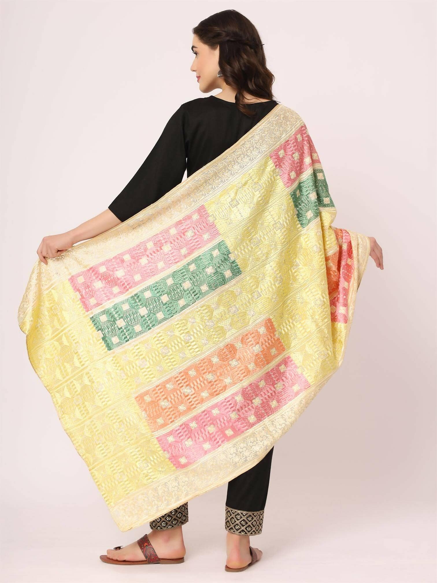 Lemon Pastel Colours Embroidery Phulkari Dupatta - HalfPe