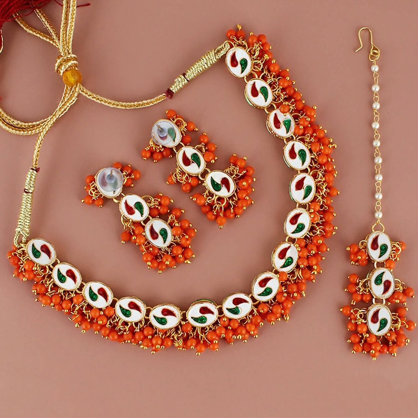 LUCKY JEWELLERY Back Meenakari 18k Gold Plated Orange Color Tika Earring Combo Uncut Big Faux Kundan Choker Necklace set - HalfPe