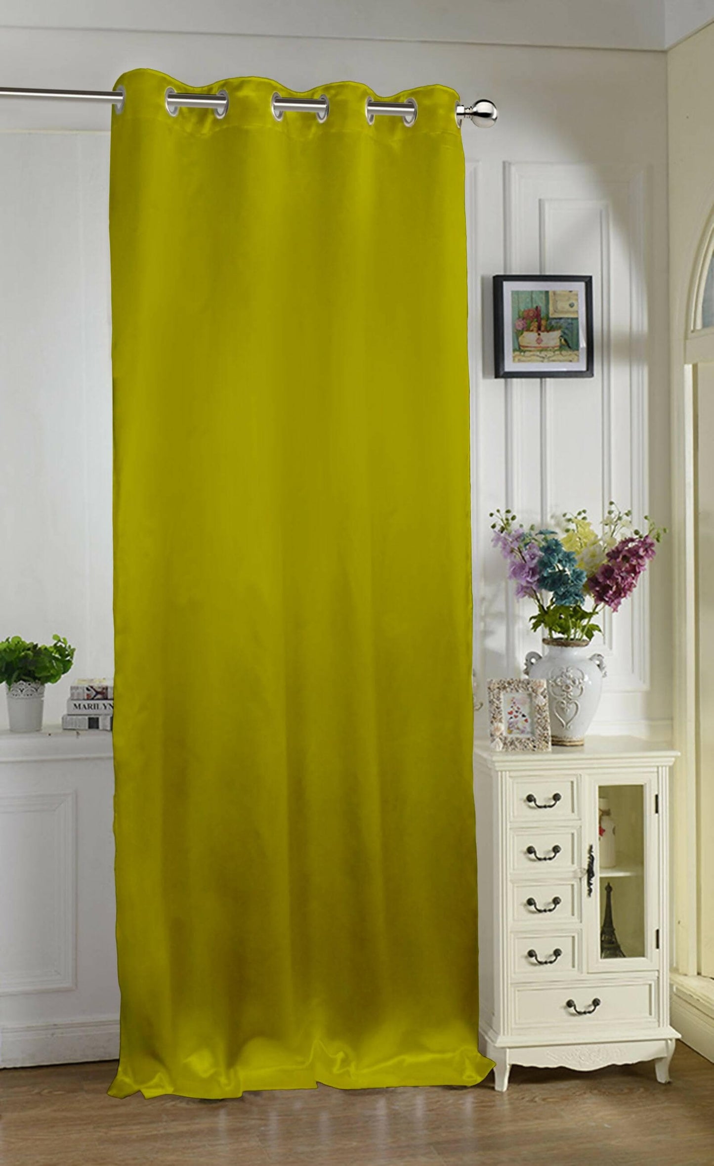 Lushomes Satin Curtains, Green Satin door curtain, Plain Door Curtain, 7.5 feet curtains with 8 Metal SS Eyelets, 4.5 FT x 7.5 FT (54 x 90 inches) - HalfPe