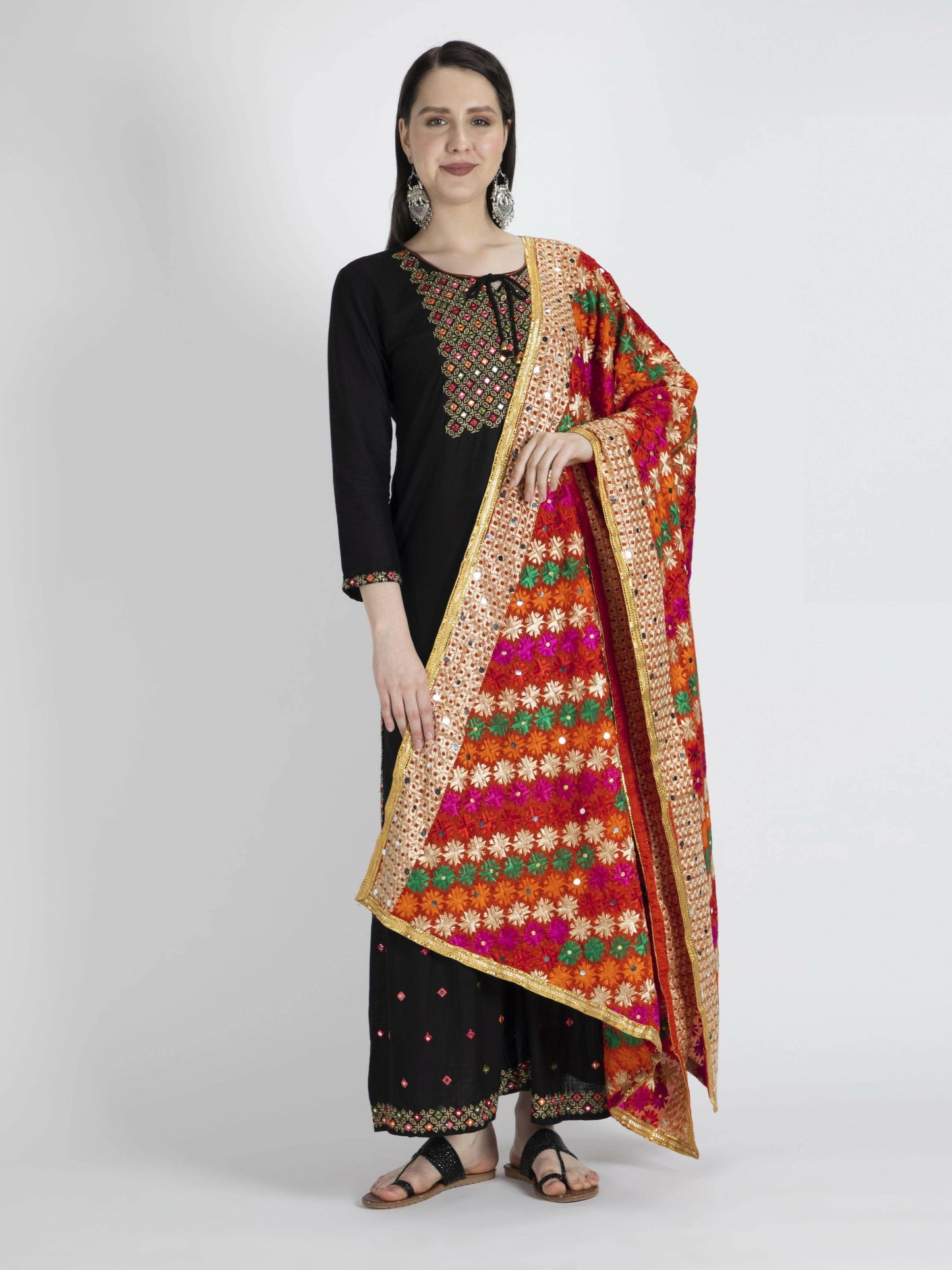 Phulkari with gold Lace and mirror work (multi-color) - HalfPe