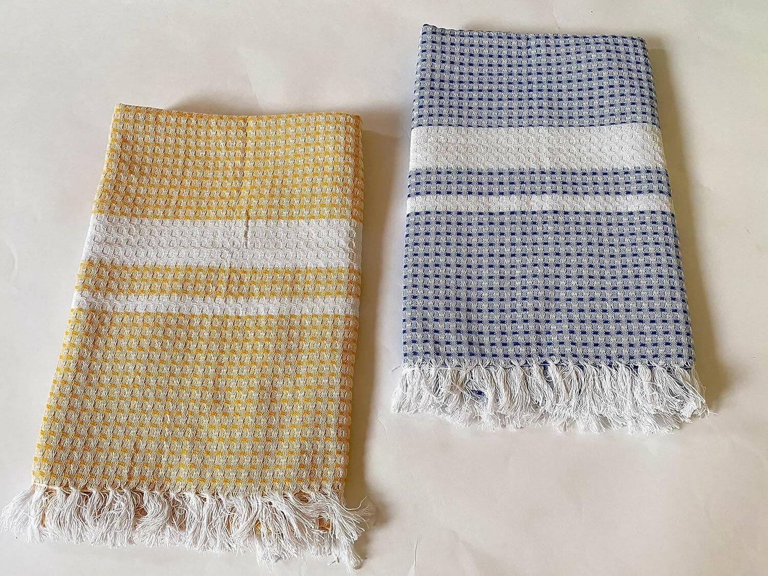 Lushomes Towels for Bath, Cotton Bath Towel Checks Combo (Yellow & Blue) - HalfPe