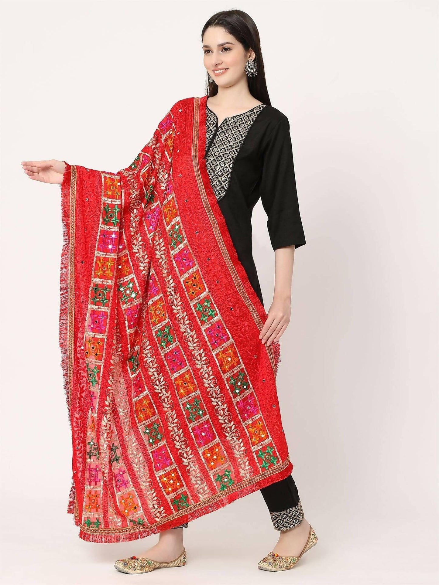 Red Multicolour Embroidery Mirror Work Phulkari Dupatta - HalfPe