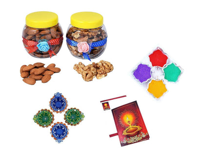 MANTOUSS Diwali Dry Fruit Decorated Jar-Almond and Walnut(100gms Each),200 GMS + 2 earthern Diya, Diwali Greeting Card and Rangoli Colours - HalfPe