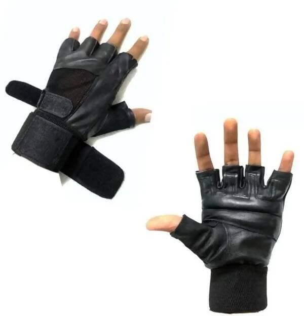 Gloves With Wrist Support For Gym & Fitness Exercise Gym & Fitness Gloves (Black Leather)  - HalfPe