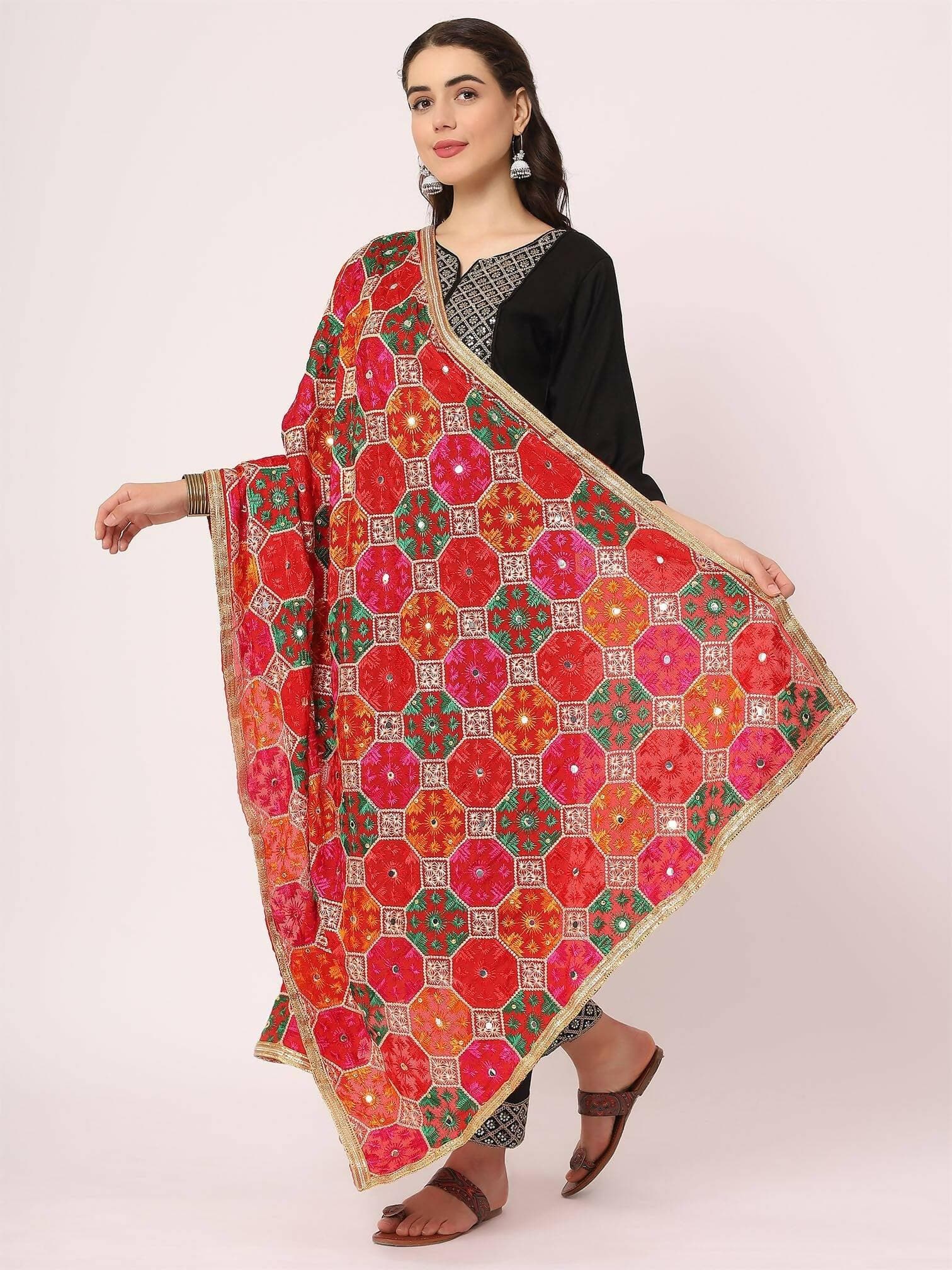 Red Multicolour Embroidery Phulkari Dupatta - HalfPe