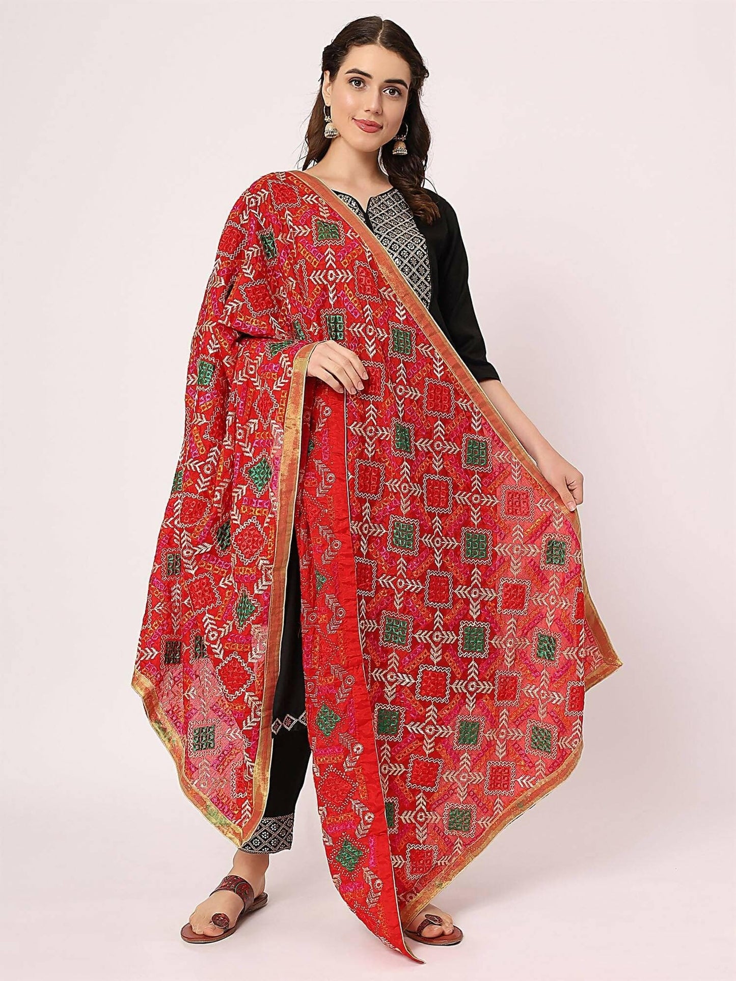 Embroidery Phulkari Red Multicolour Dupatta - HalfPe