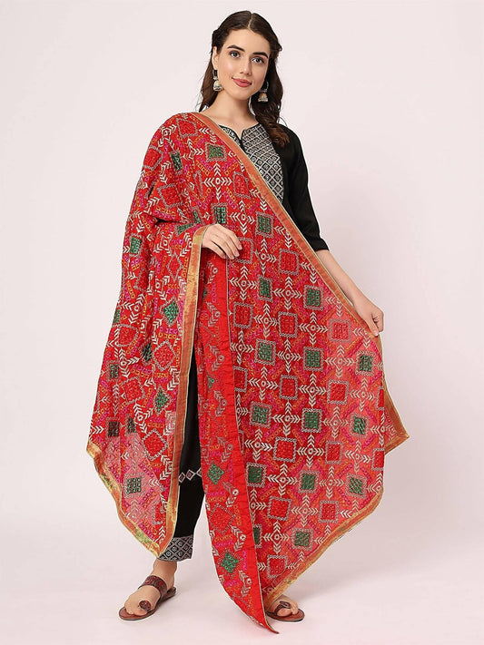 Embroidery Phulkari Red Multicolour Dupatta - HalfPe