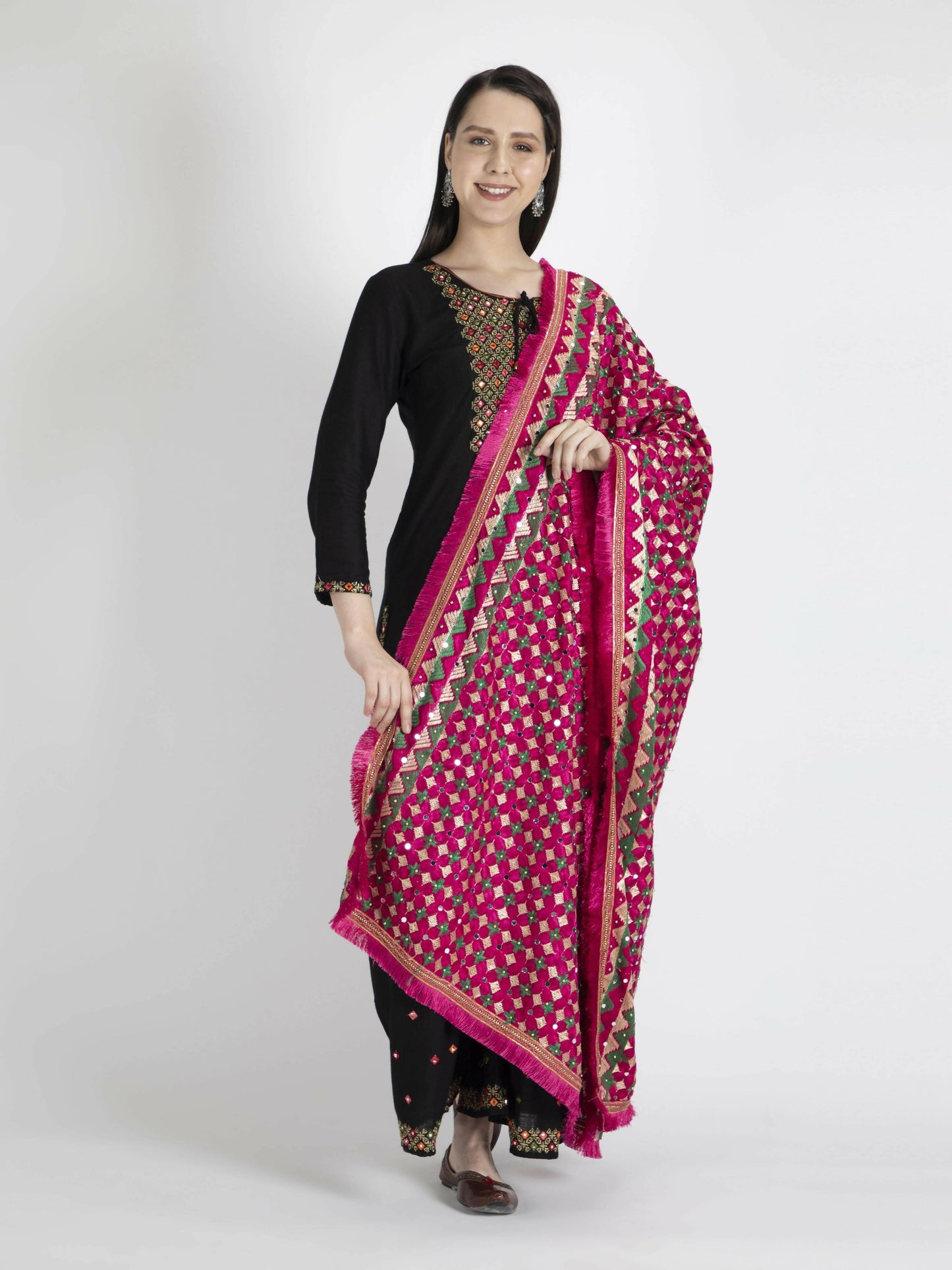 Phulkari Dupatta with Mirror Work (Magenta Green) - HalfPe