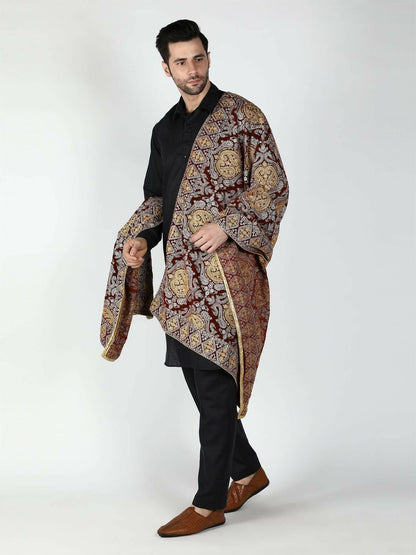 Moda Chales Men's Velvet Shawl (Maroon, Silver, Gold) - HalfPe