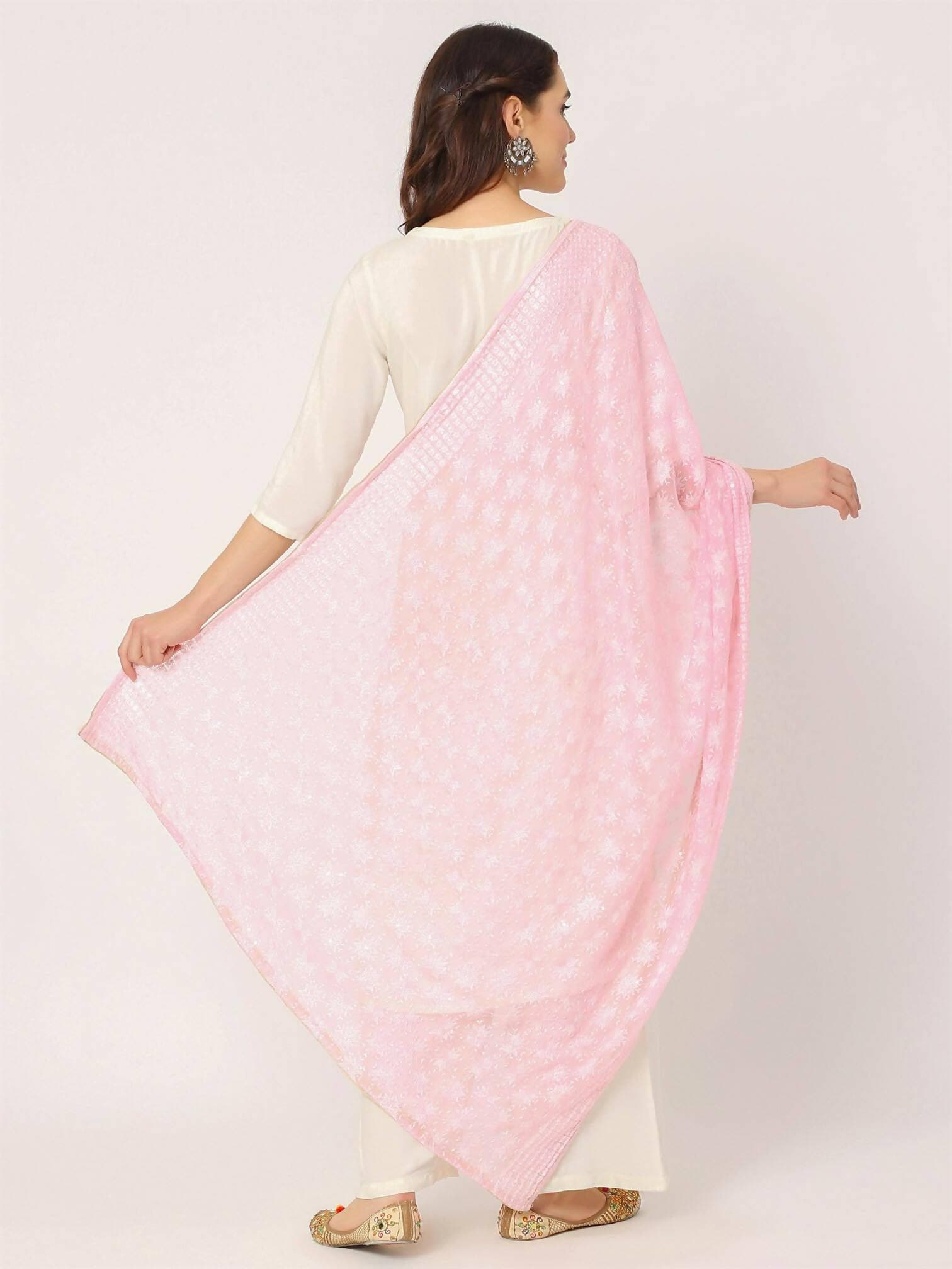 Baby Pink Sequined Phulkari Embroidery Dupatta - HalfPe