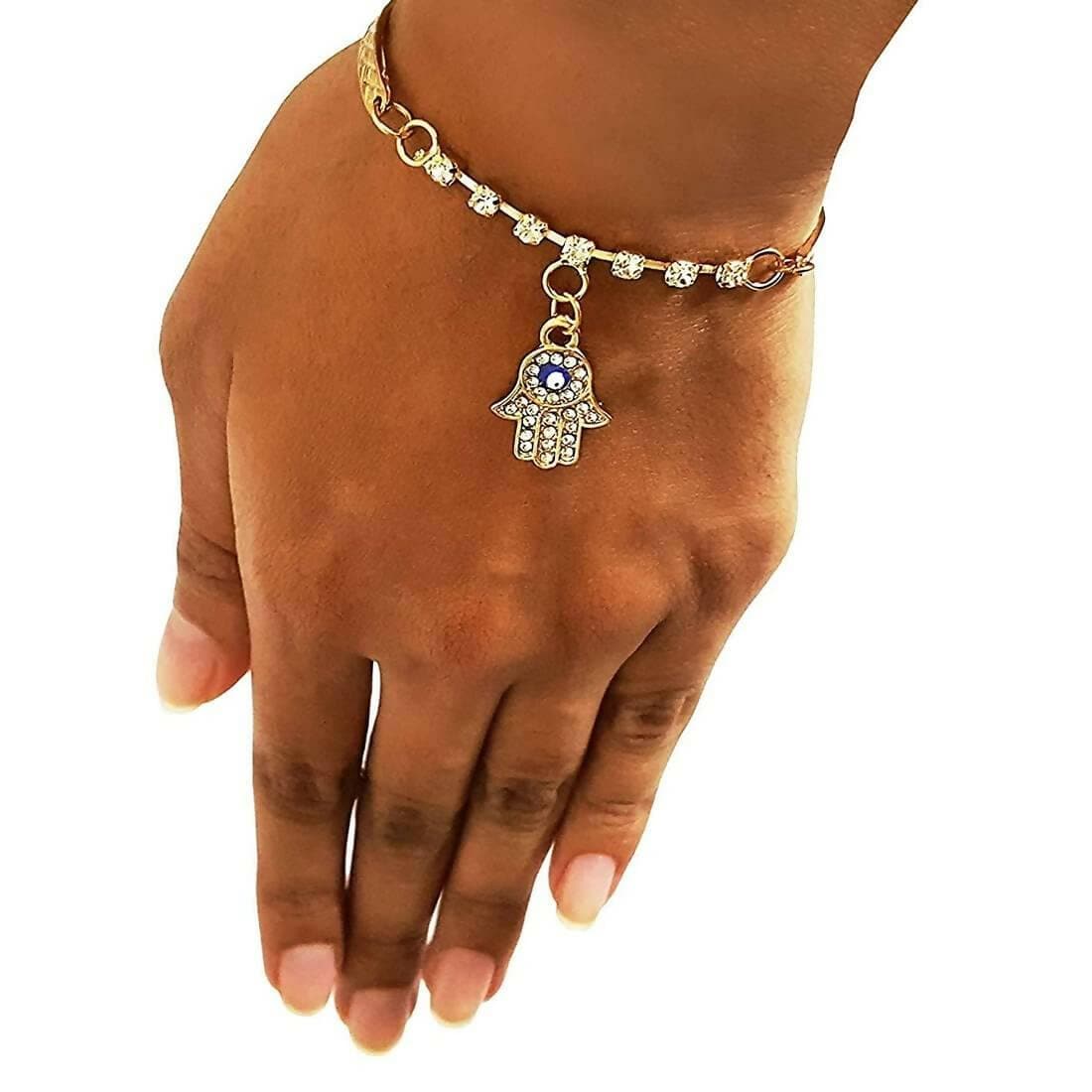 SENECIO Gold Tone Hamsa Hand Evil Eye Crystal Shiny Rhinestone Bracelet For Girls - HalfPe