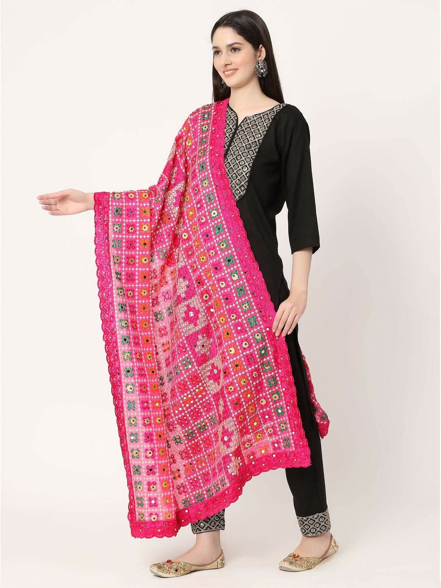 Magenta Mullticolour Check Design Embroidery Phulkari Dupatta with Mirror - HalfPe